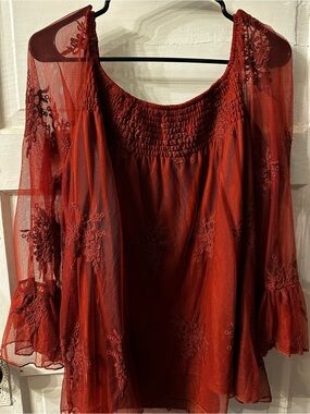 Cato  Red Embroidered Mesh Peasant Blouse